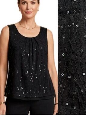 Talbots Sequin Embellished 100% Silk Tank Size 12 Black Shirred Flowy Scoop Neck